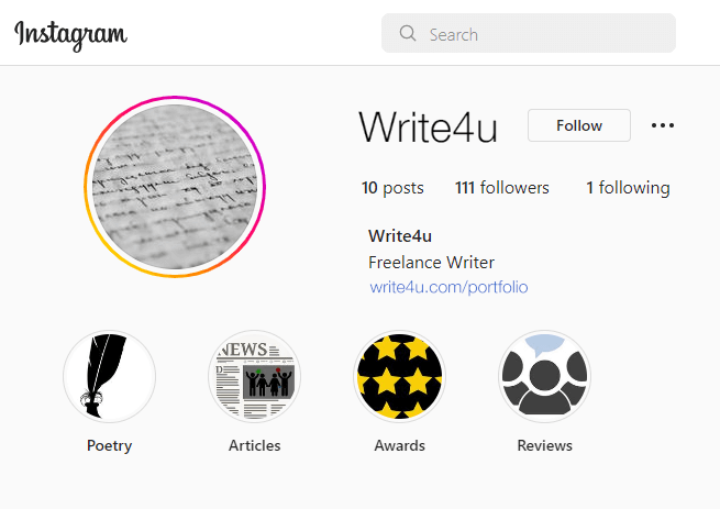 Instagram profile Write4u with image and highlights
