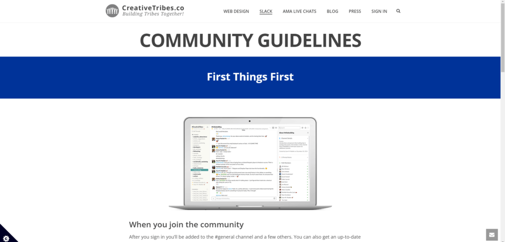Community guidelines page on Creative Tribes