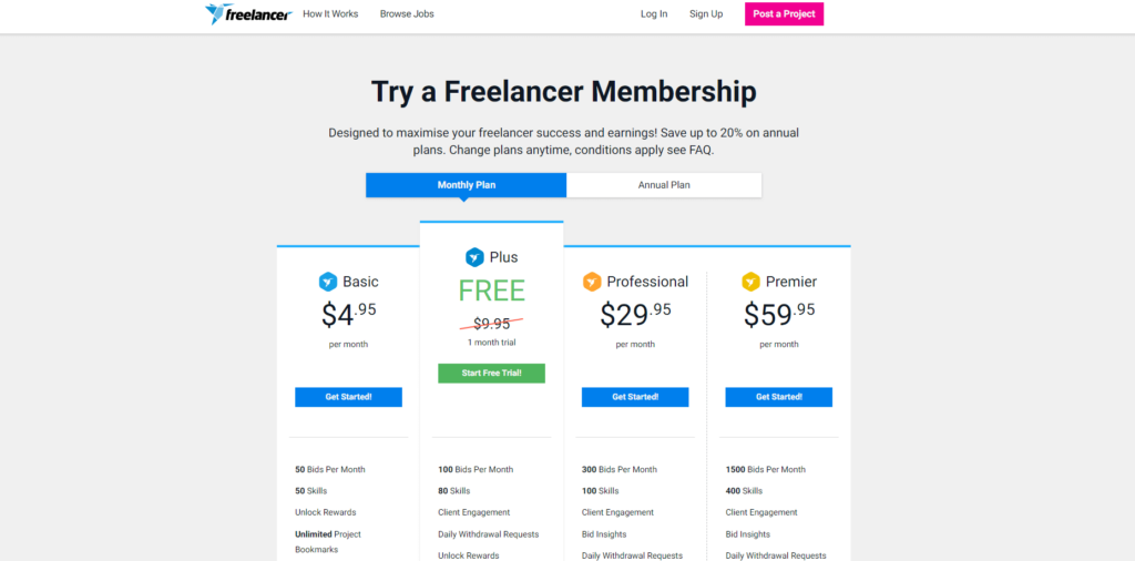 Freelancer.com membership options