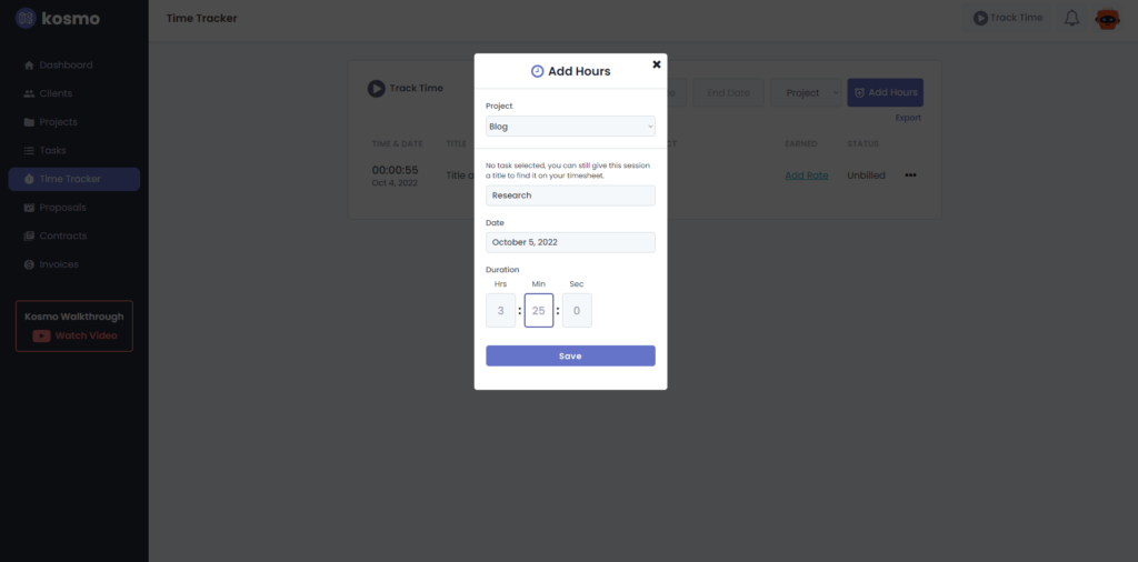 Kosmo app, add hours for time tracking