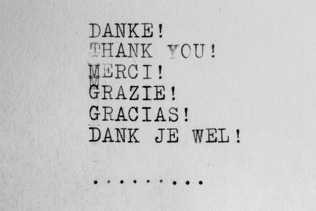 Type written Thank you in different languages