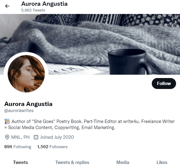 Twitter account bio example of fictional author Aurora Angustia
