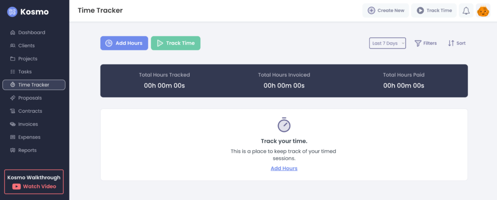 Kosmo time tracker page