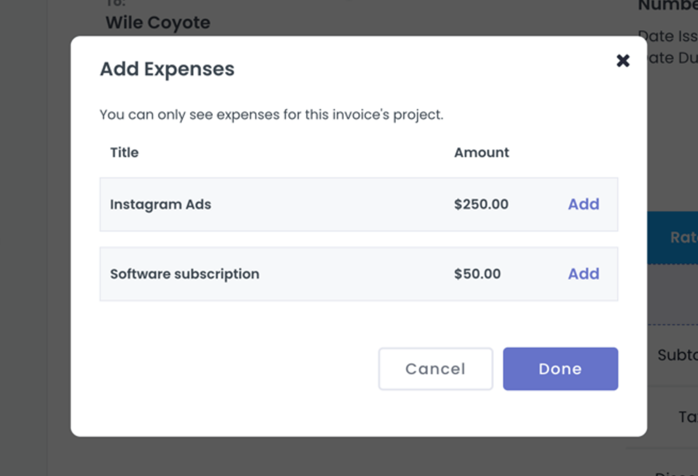 Adding an Expense to an Invoice - Kosmo
