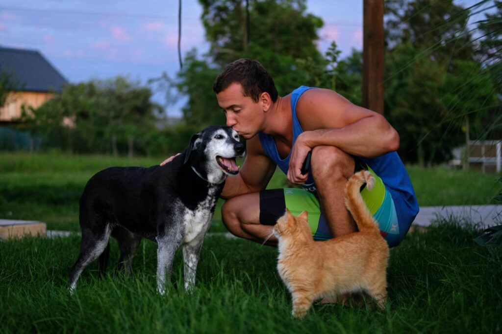 man kissing a dog with cat looking