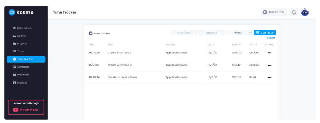 Kosmo time tracker page