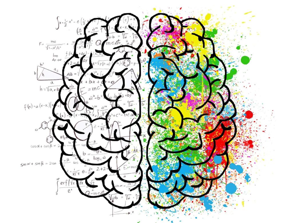 Drawing of a mind, left side black and white, right side colorful