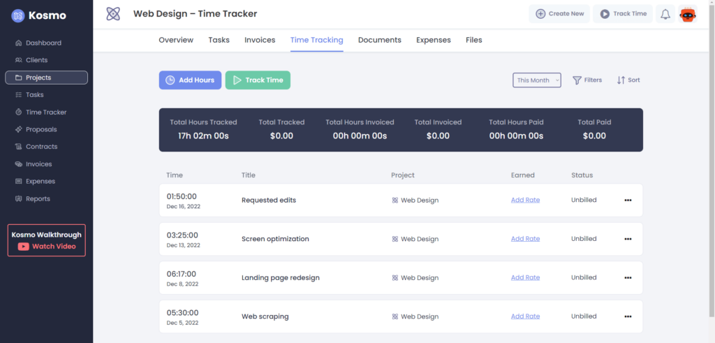 Kosmo showing time tracking tool